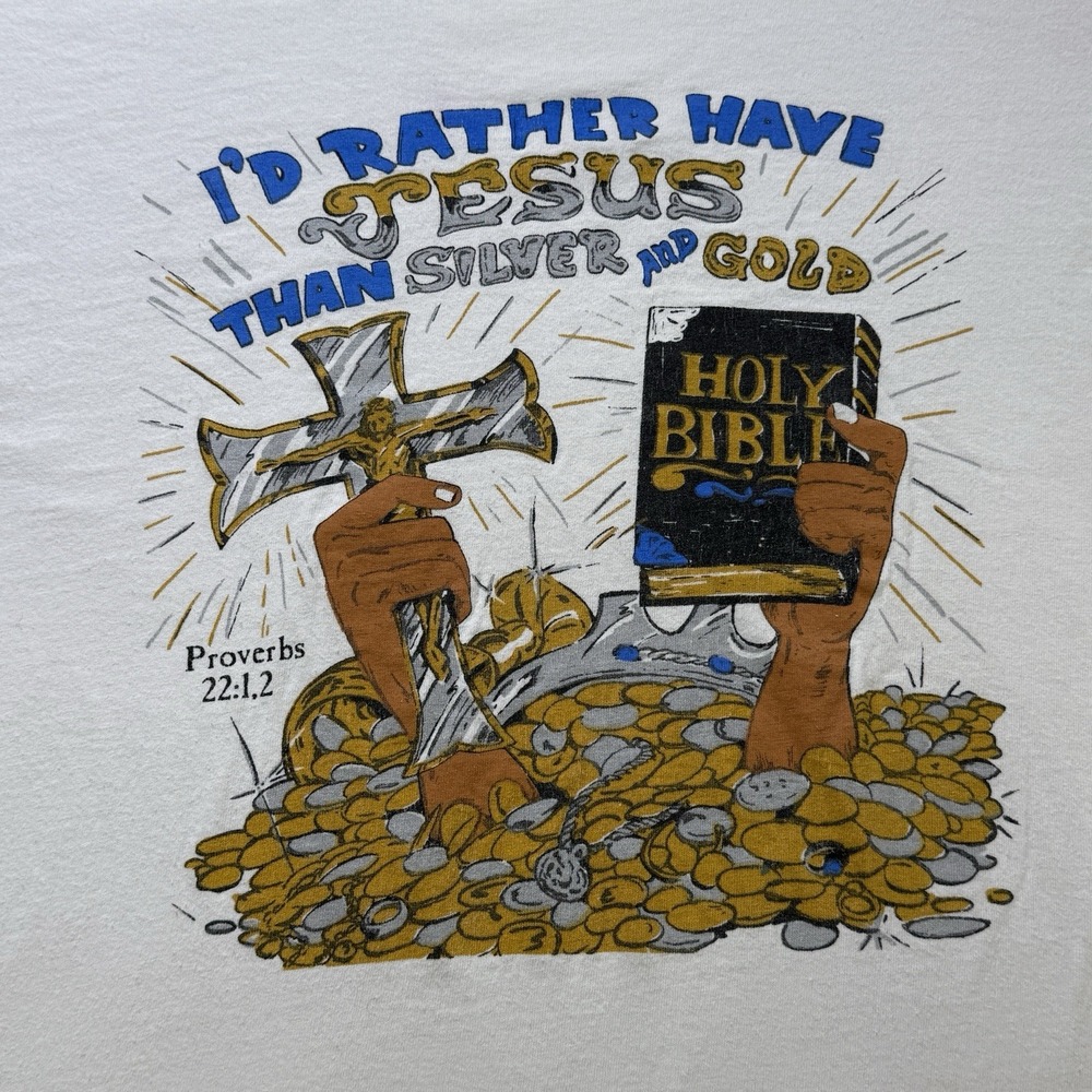 Vintage 80s Screen Stars Blue Stripe Tag Jesus Proverbs 22:1 Single Stitch Tee L - Picture 2 of 8
